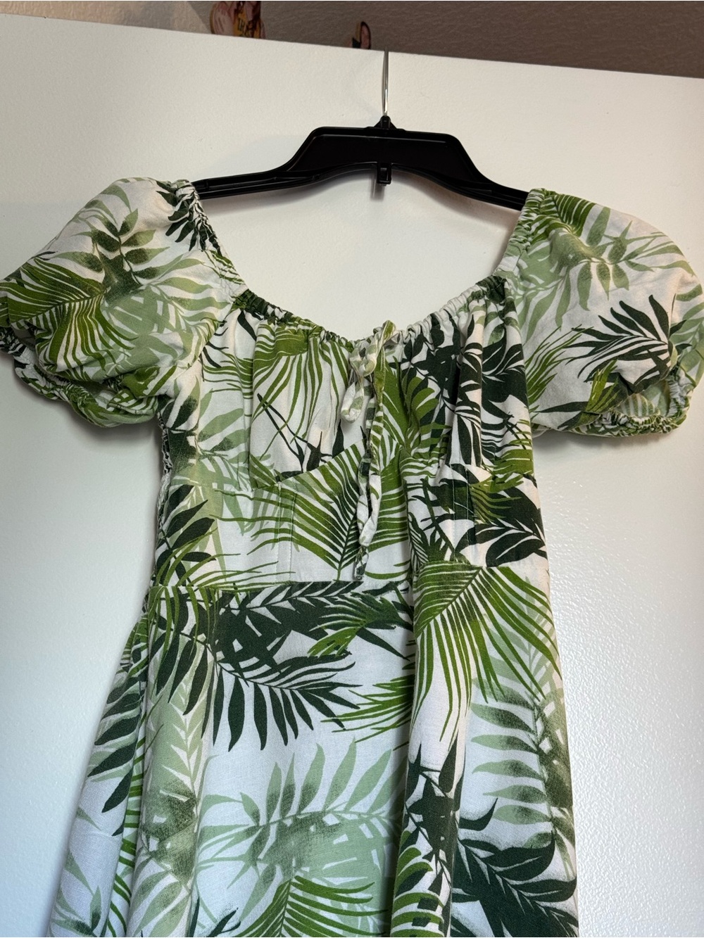 Japna Green Tropical Leaf puff sleeve mini dress